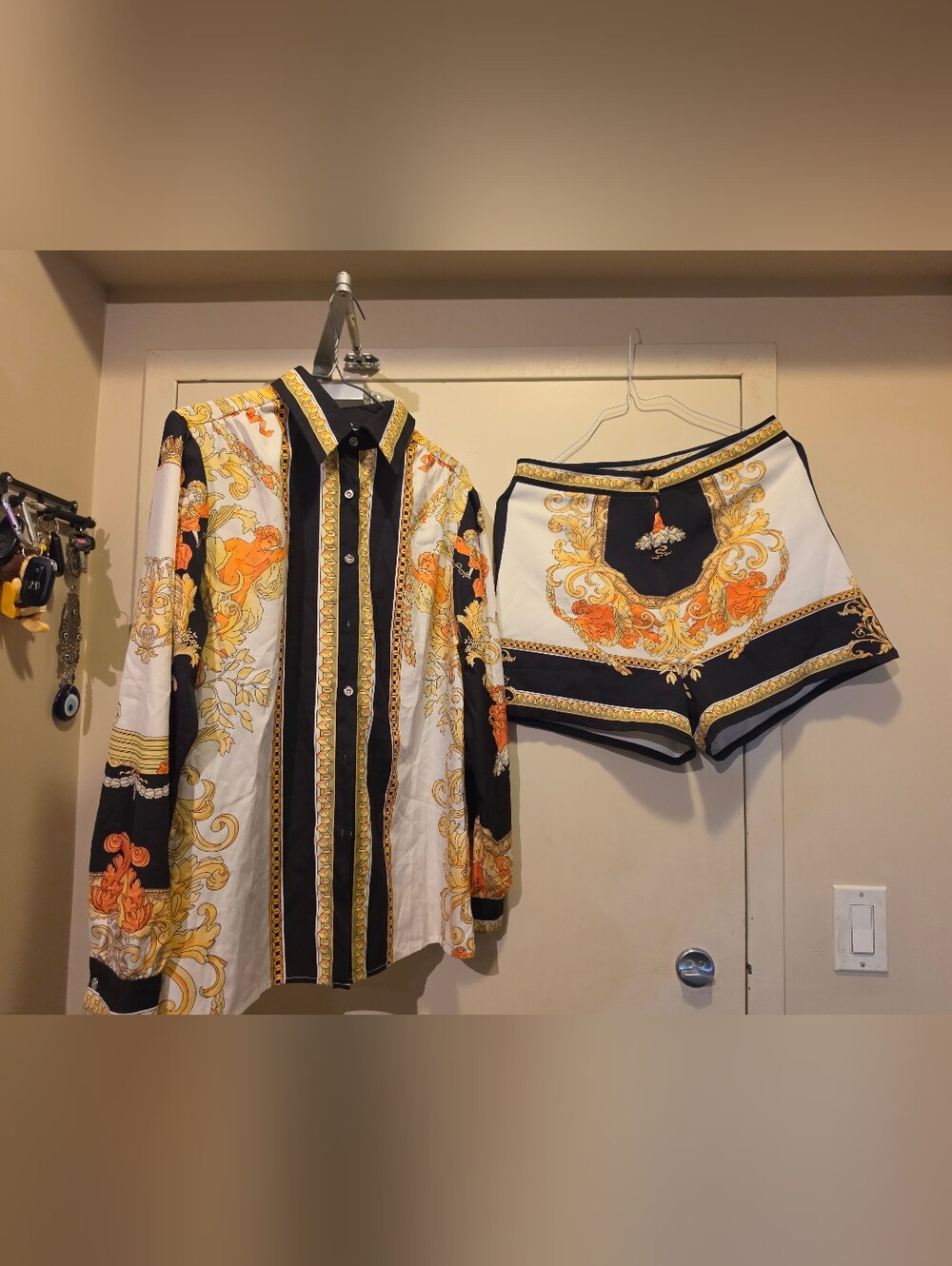 Baroque Print Button-Up Shirt & Matching Shorts - Black, White & Gold